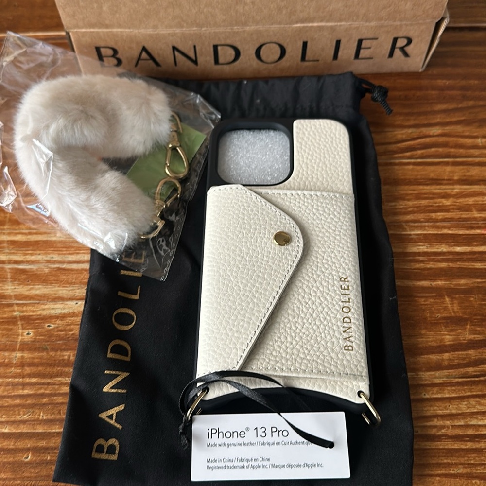 iPhone 13 Pro White Bandolier Case w/Faux Fur Wristlet
